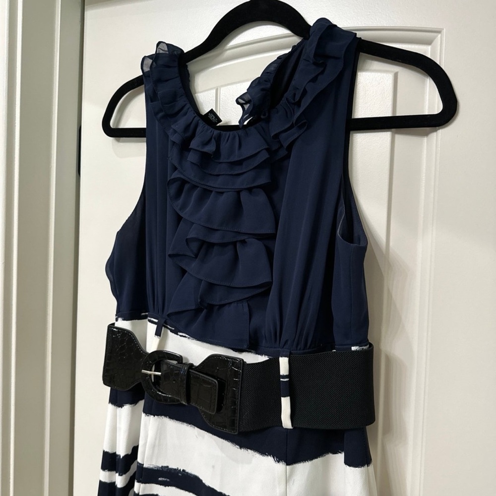 Navy and White Ruffled Dress with Belt